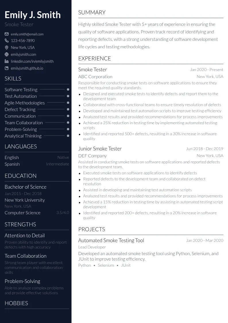 Smoke Tester resume example