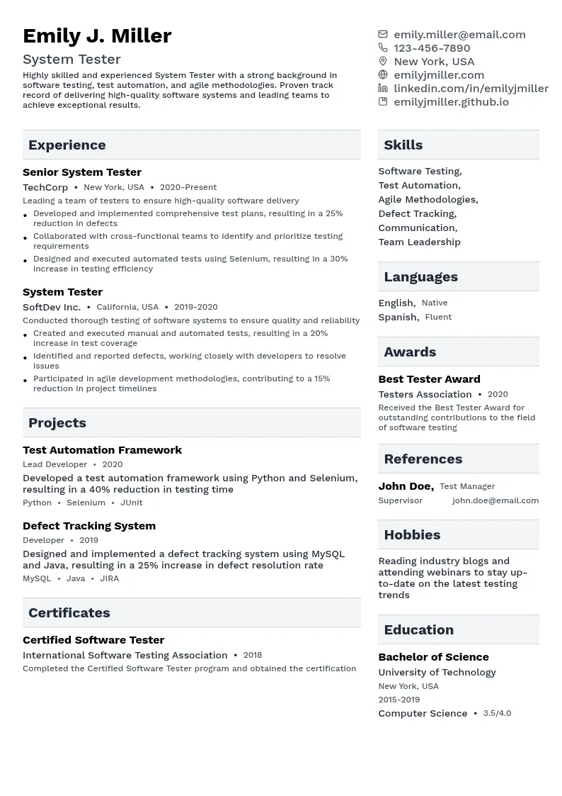 System Tester resume example