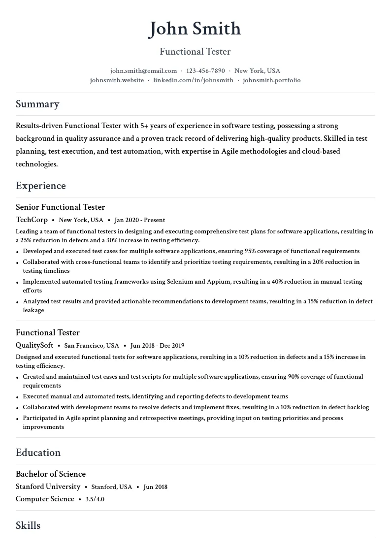 Functional Tester resume example