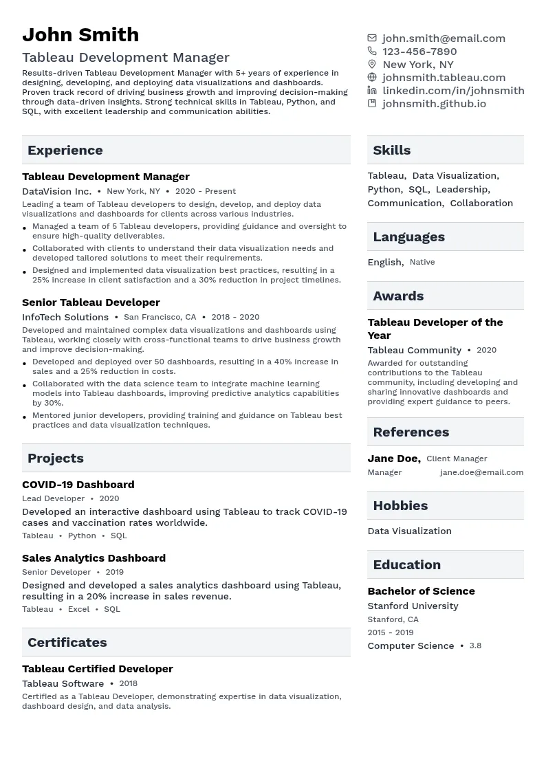 Tableau Development Manager resume example