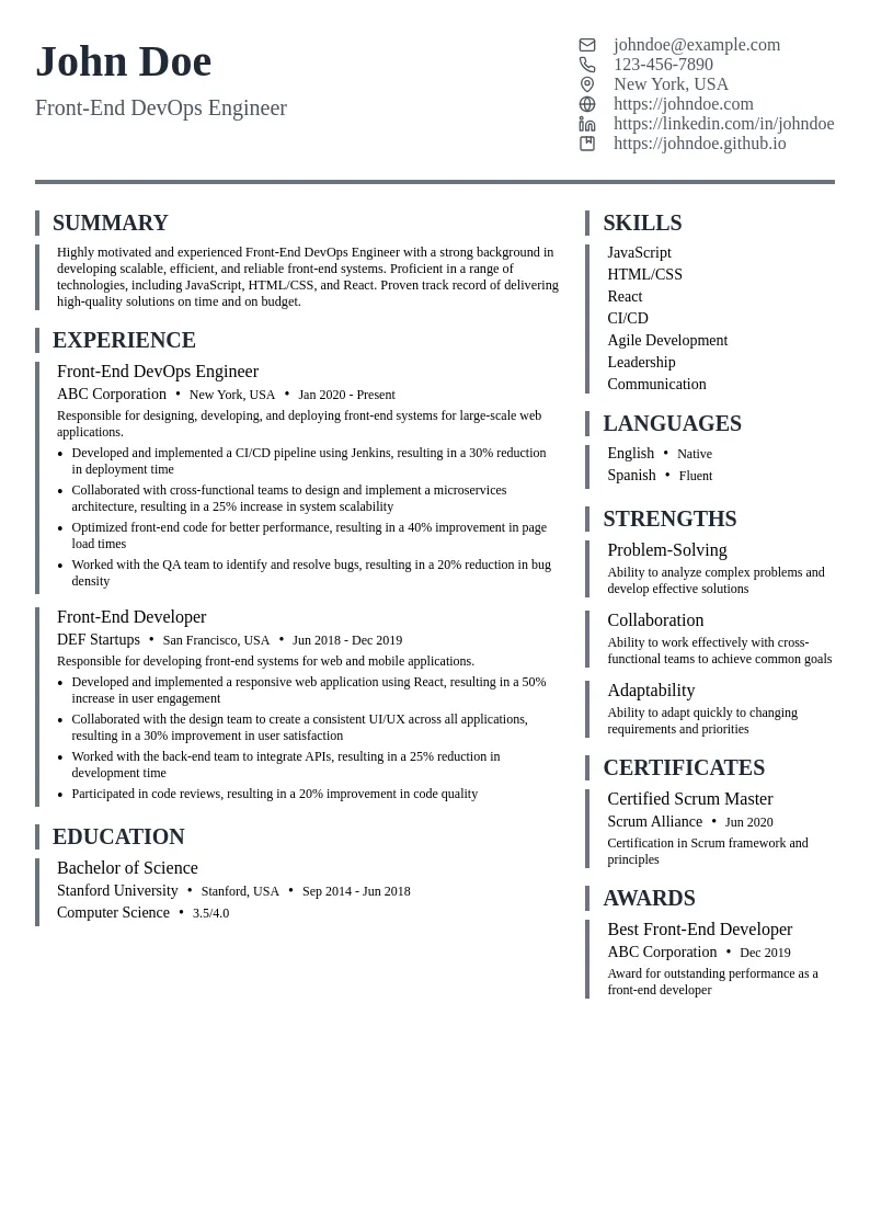 Front-End DevOps Engineer resume example