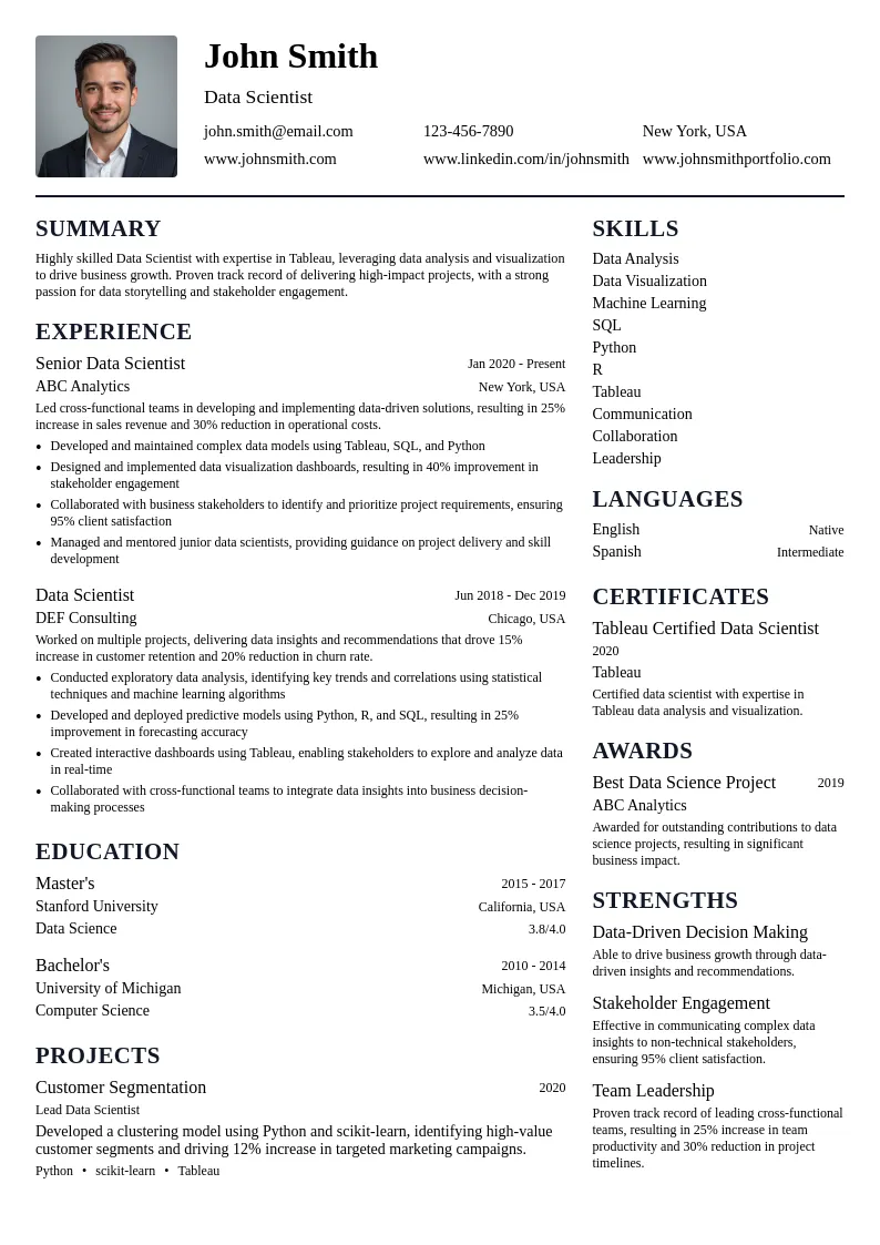 Data Scientist with Tableau Skills resume example