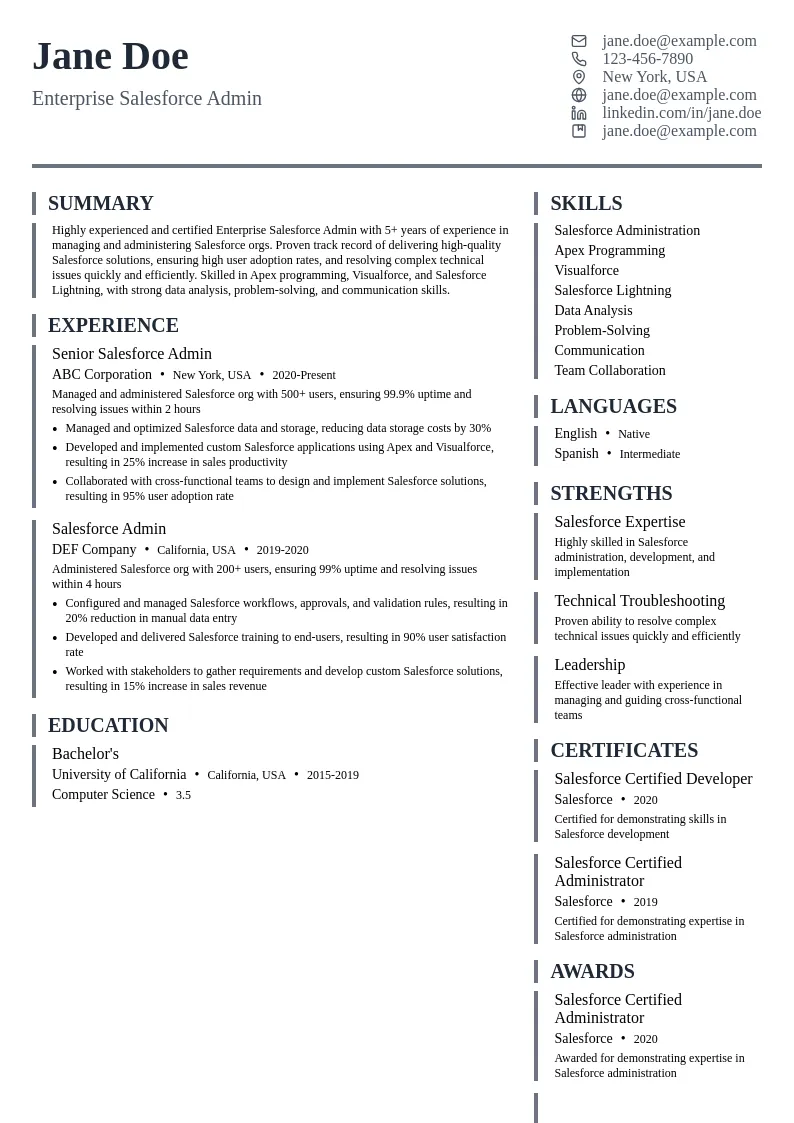 Enterprise Salesforce Admin resume example