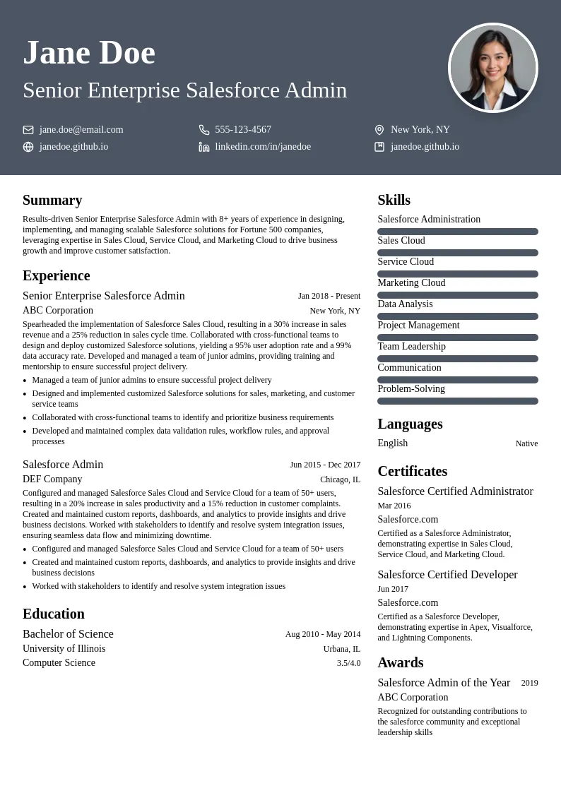 Senior Enterprise Salesforce Admin resume example