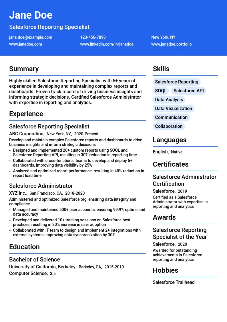 Salesforce Reporting Specialist resume example
