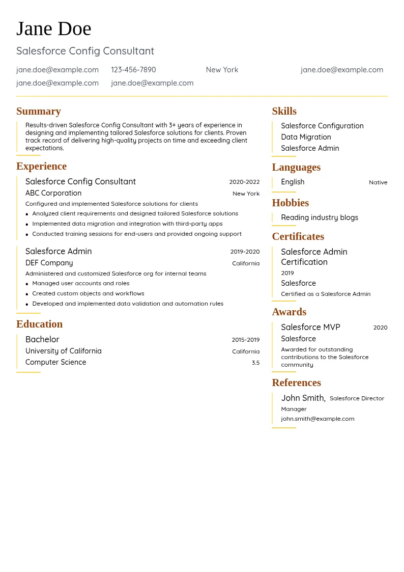 Salesforce Config Consultant resume example