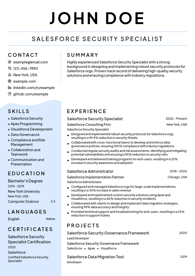 Salesforce Security Specialist resume example
