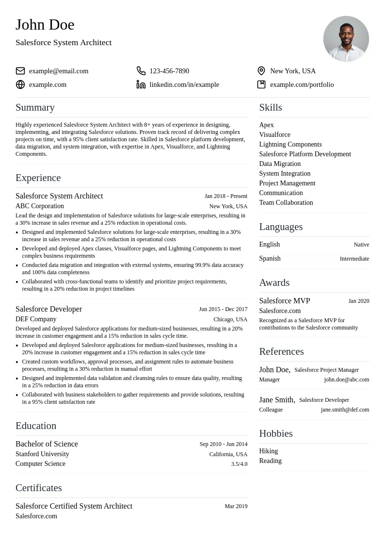 Salesforce System Architect resume example