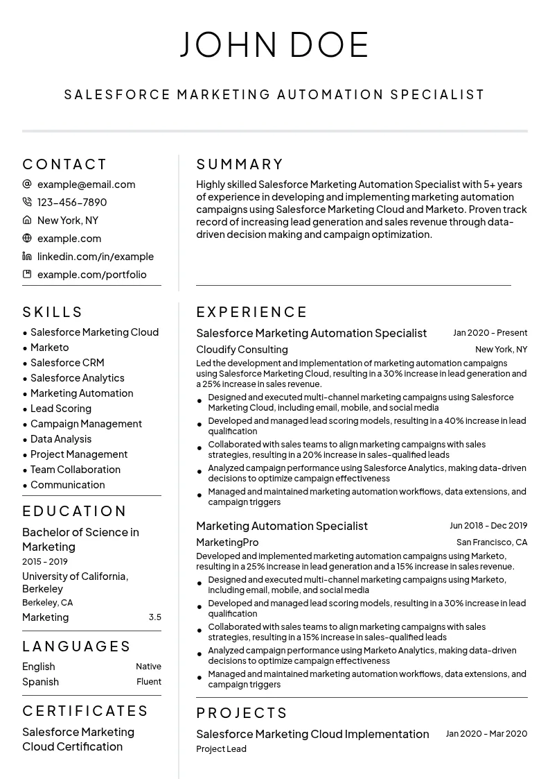 Salesforce Marketing Automation Specialist resume example