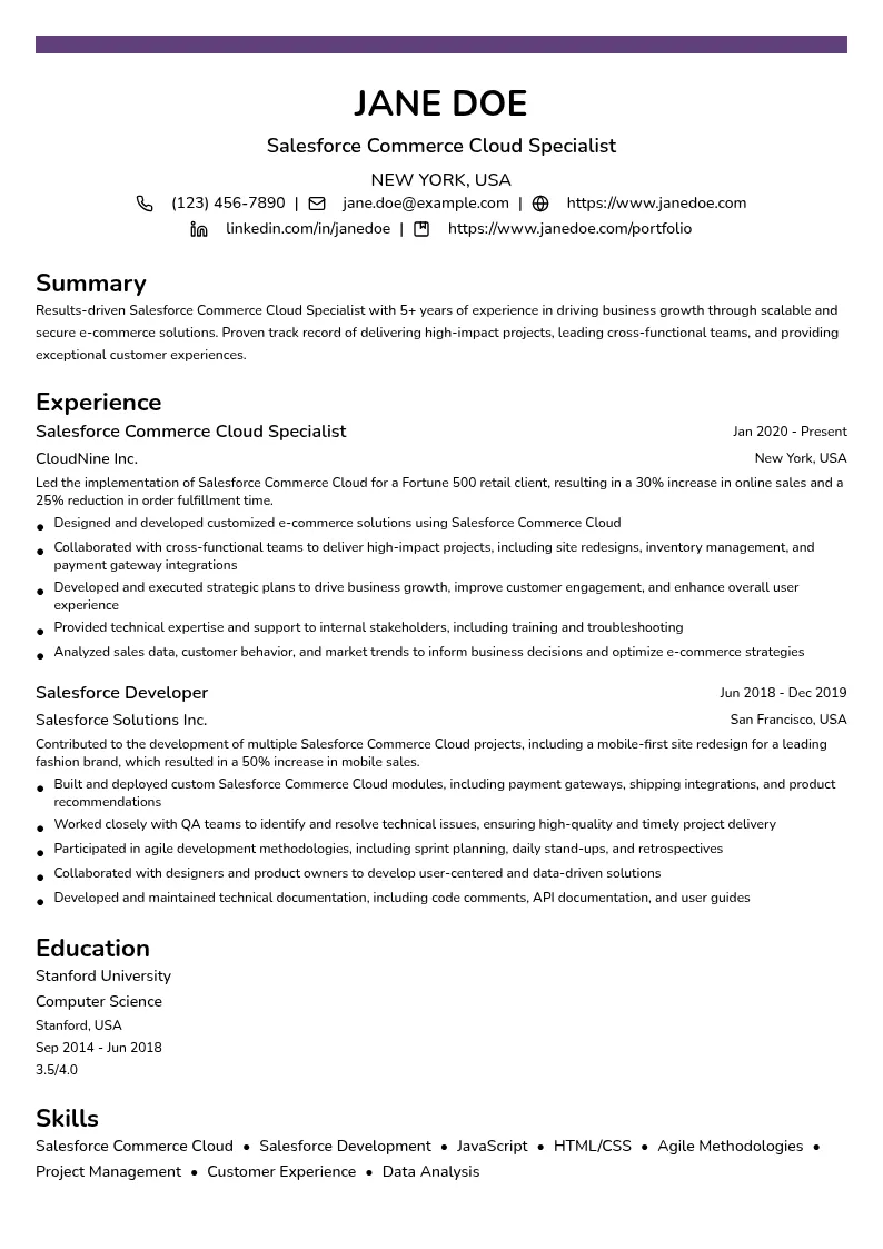 Salesforce Commerce Cloud Specialist resume example