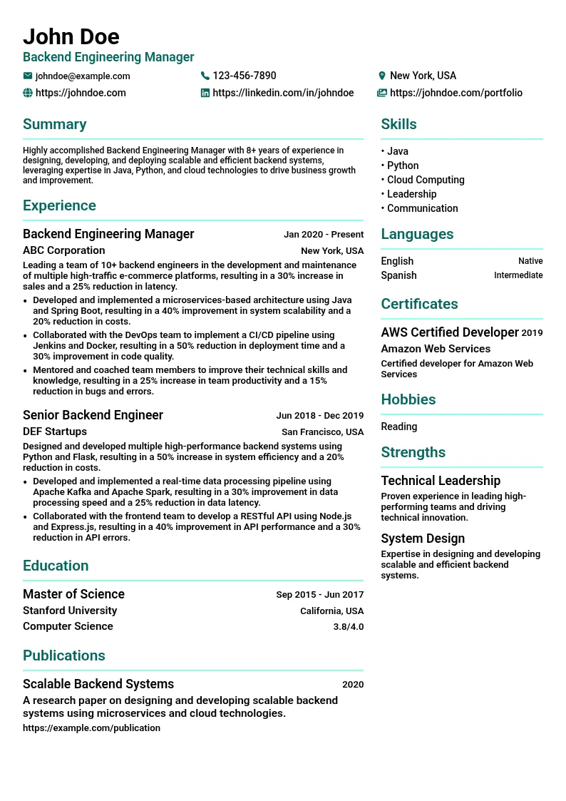 Backend Engineering Manager resume example