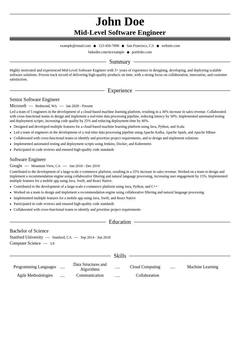 Mid-Level Software Engineer resume example