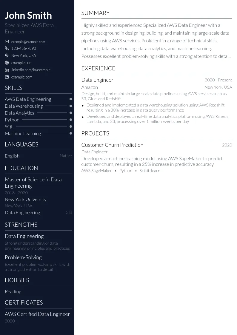 Specialized AWS Data Engineer resume example