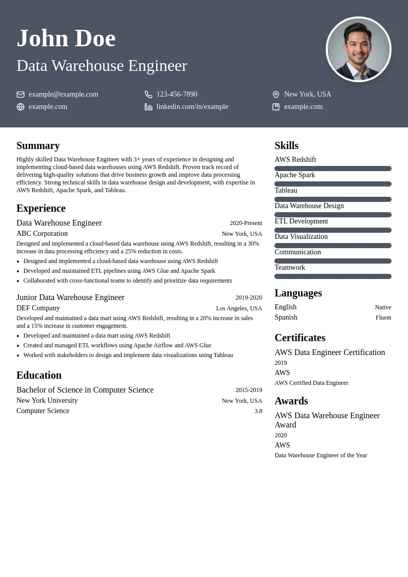 Data Warehouse Engineer resume example