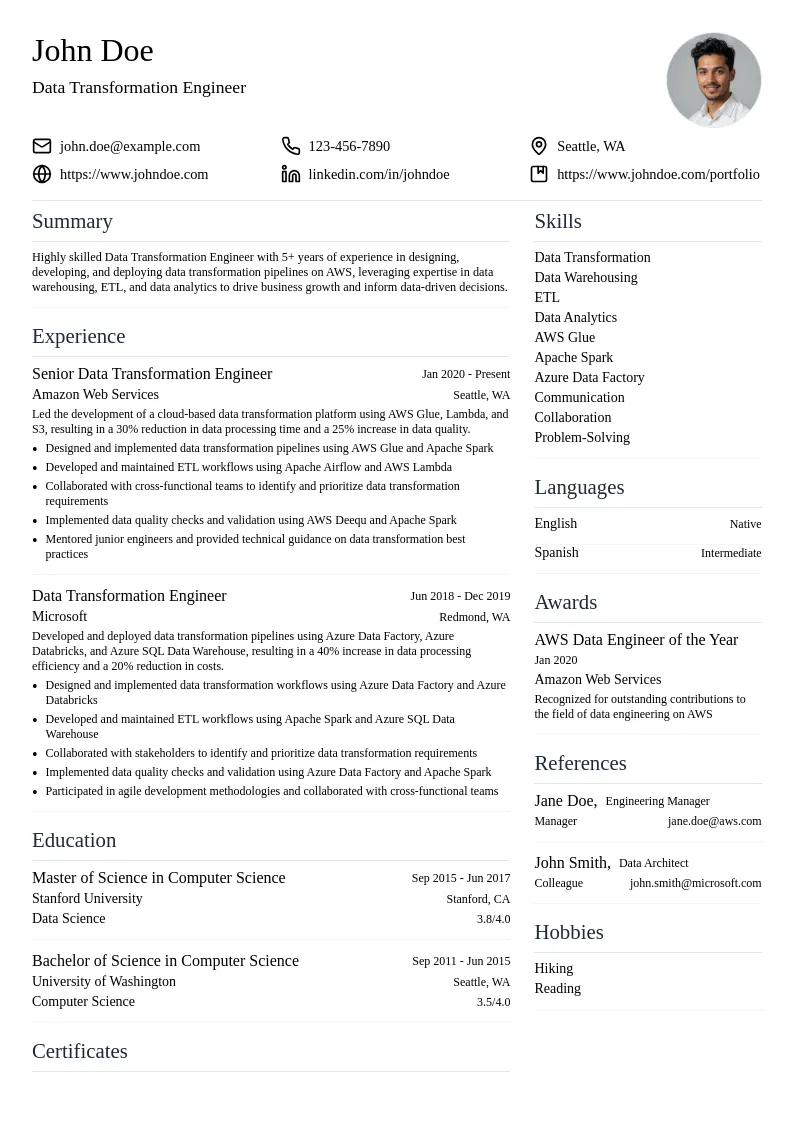 Data Transformation Engineer resume example