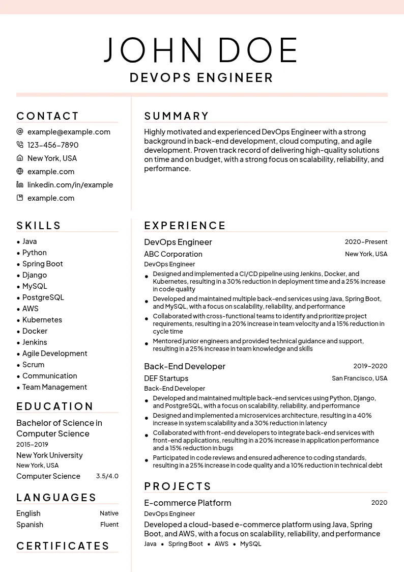 DevOps Engineer (focus on Back-End Development) resume example