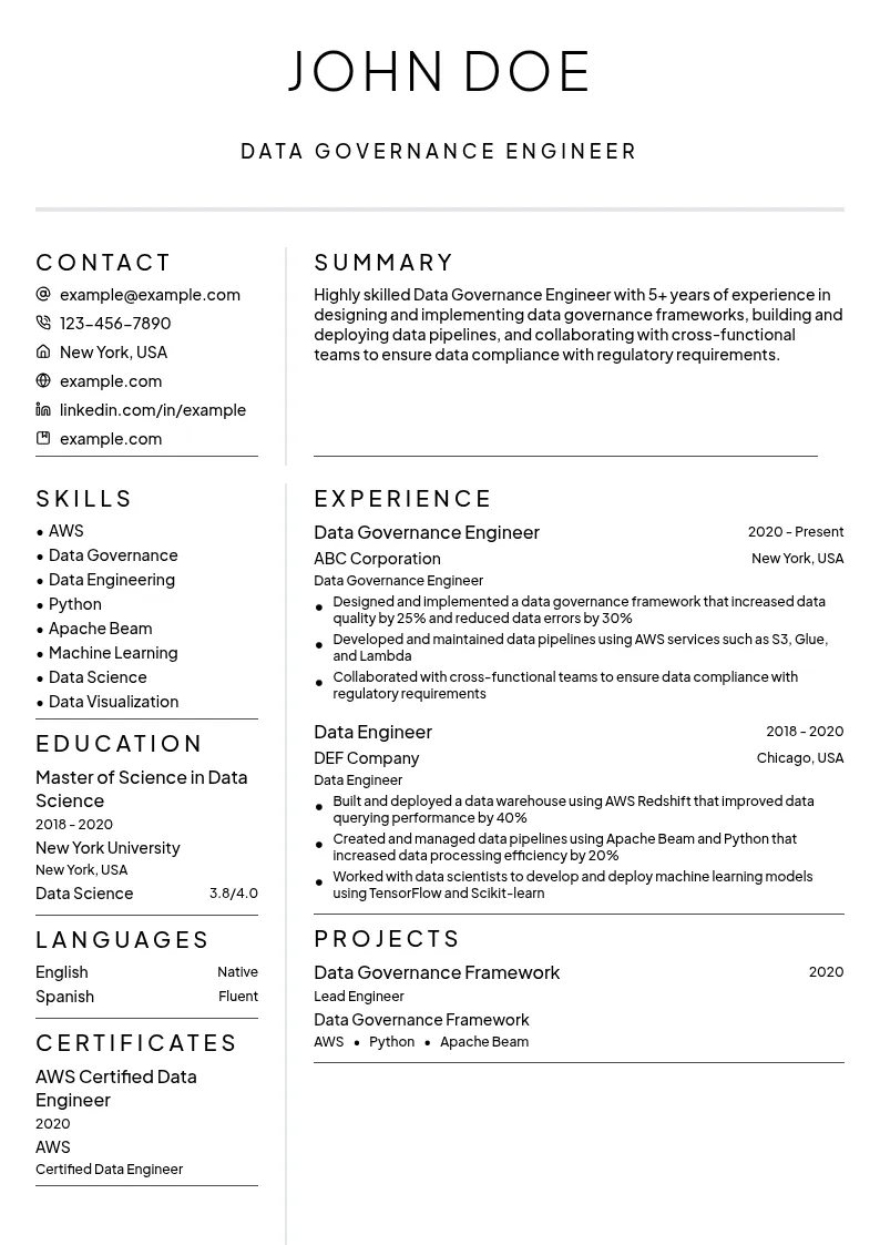 Data Governance Engineer resume example