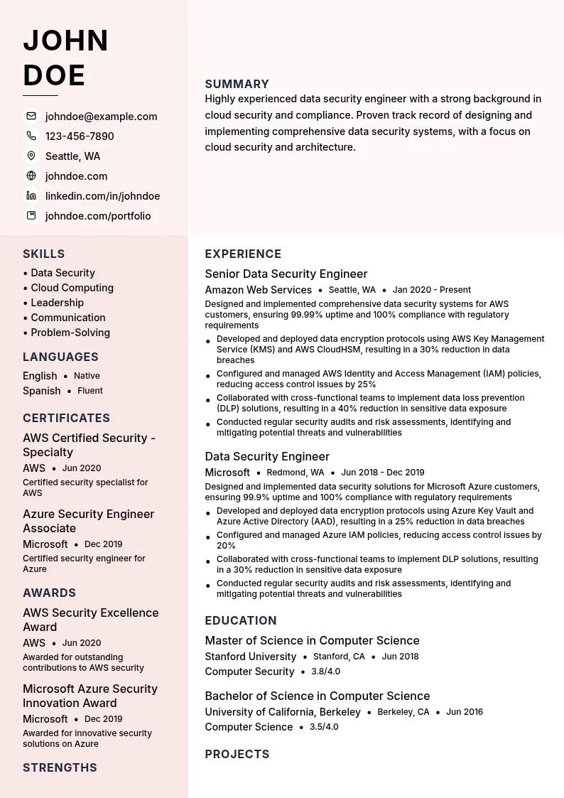 Data Security Engineer resume example