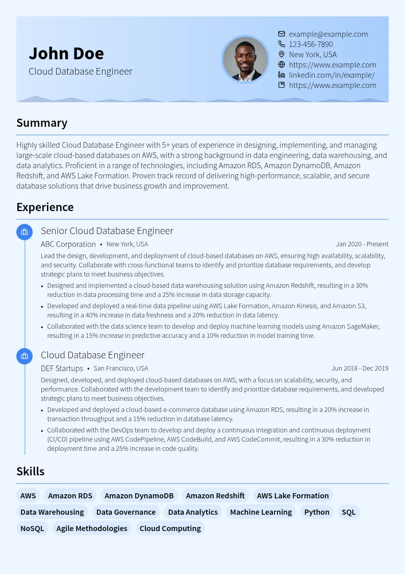 Cloud Database Engineer resume example