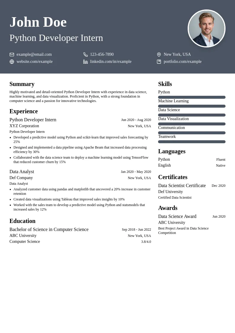 Python Developer Intern resume example