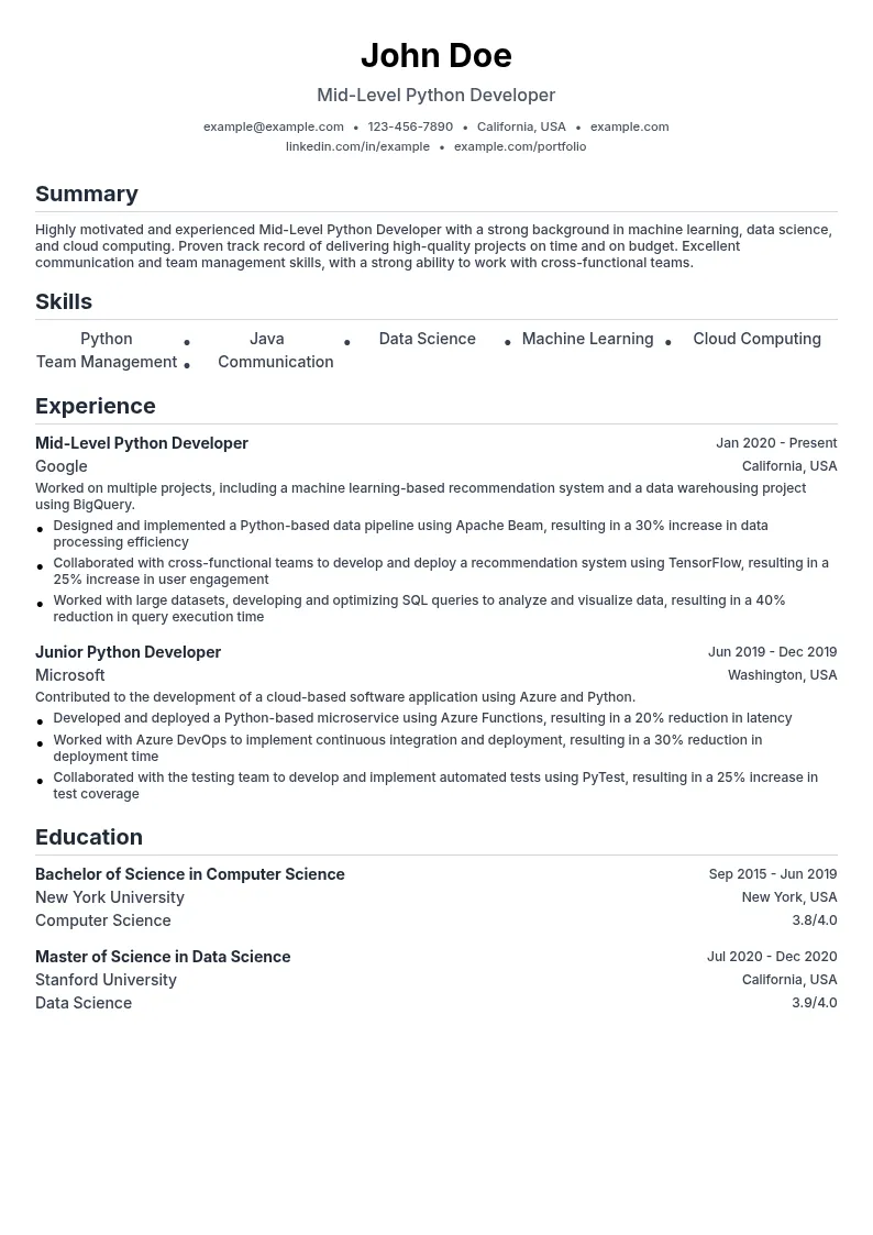 Mid-Level Python Developer resume example