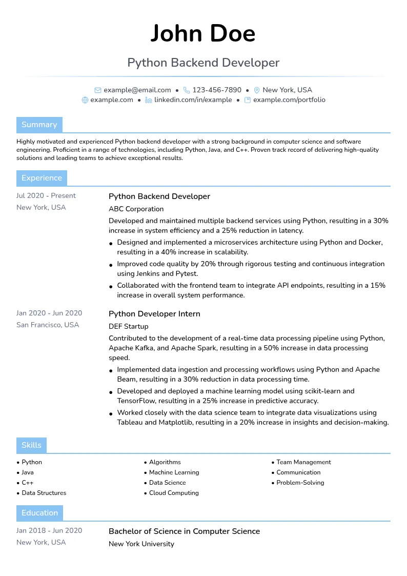 Python Backend Developer resume example