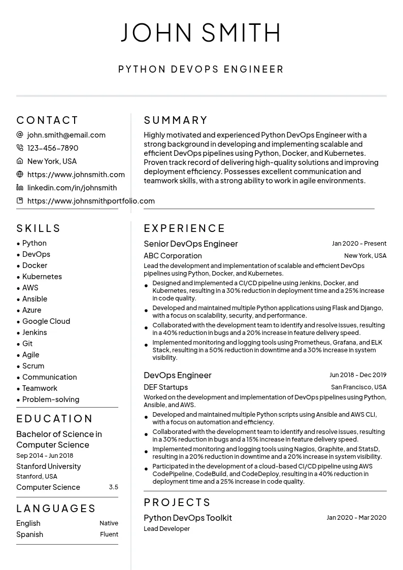 Python DevOps Engineer resume example