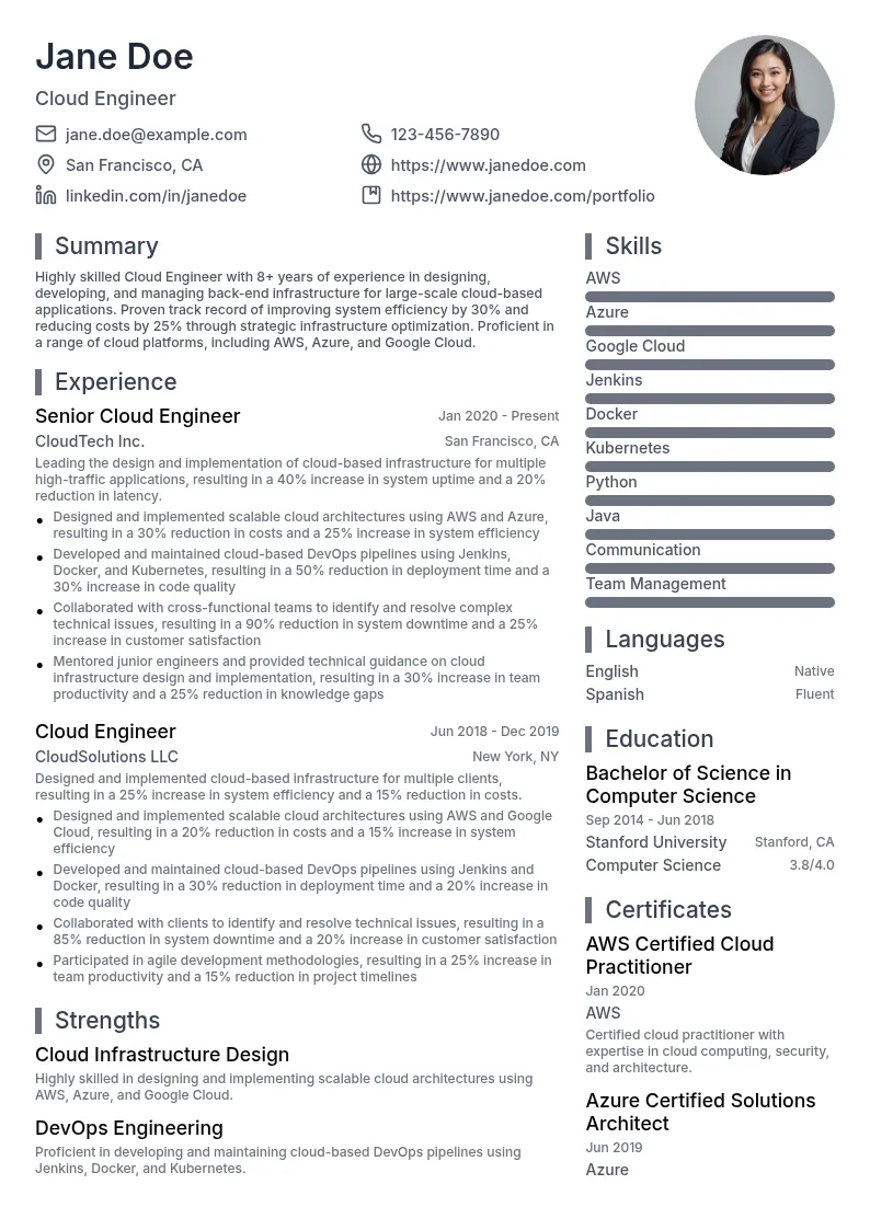 Cloud Engineer (focus on Back-End Infrastructure) resume example