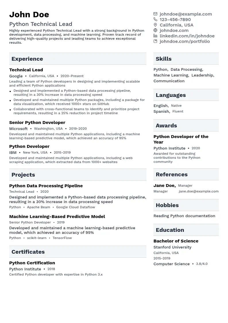 Python Technical Lead resume example