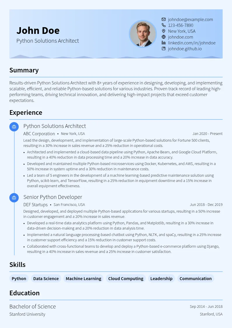 Python Solutions Architect resume example
