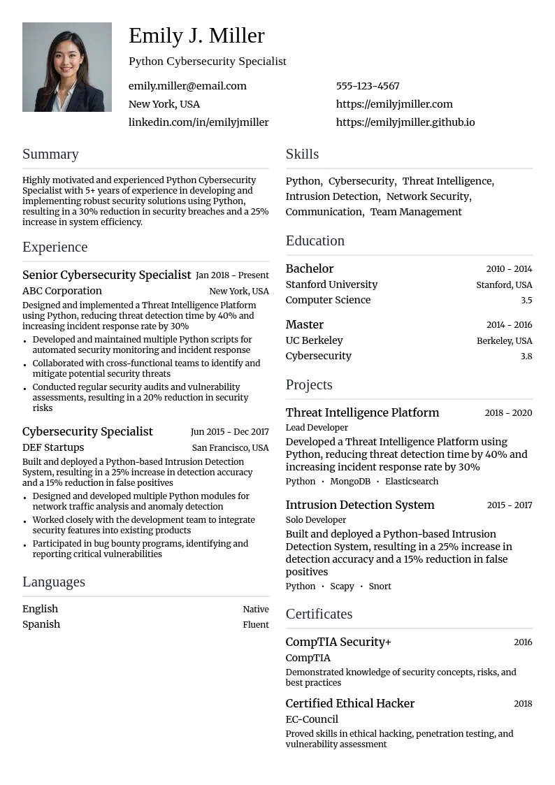 Python Cybersecurity Specialist resume example