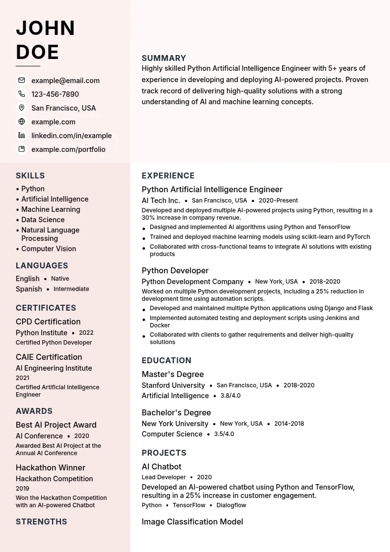 Python Artificial Intelligence Engineer resume example