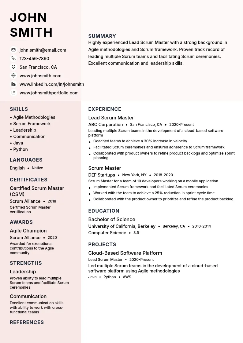 Lead Scrum Master resume example