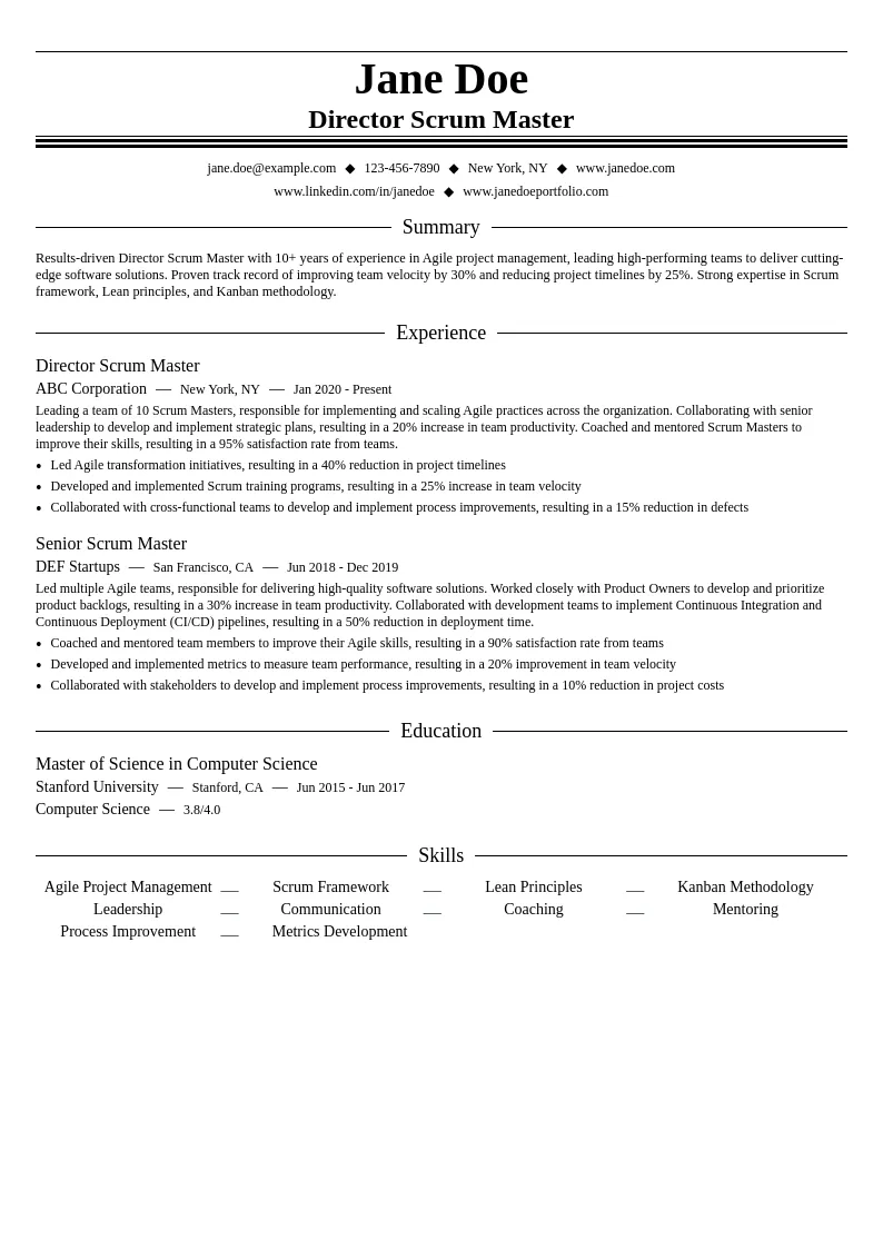 Director Scrum Master resume example