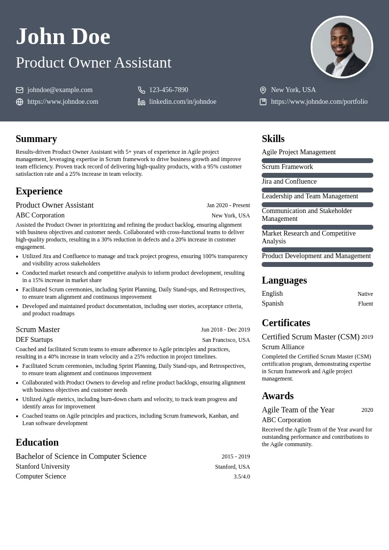 Product Owner Assistant resume example