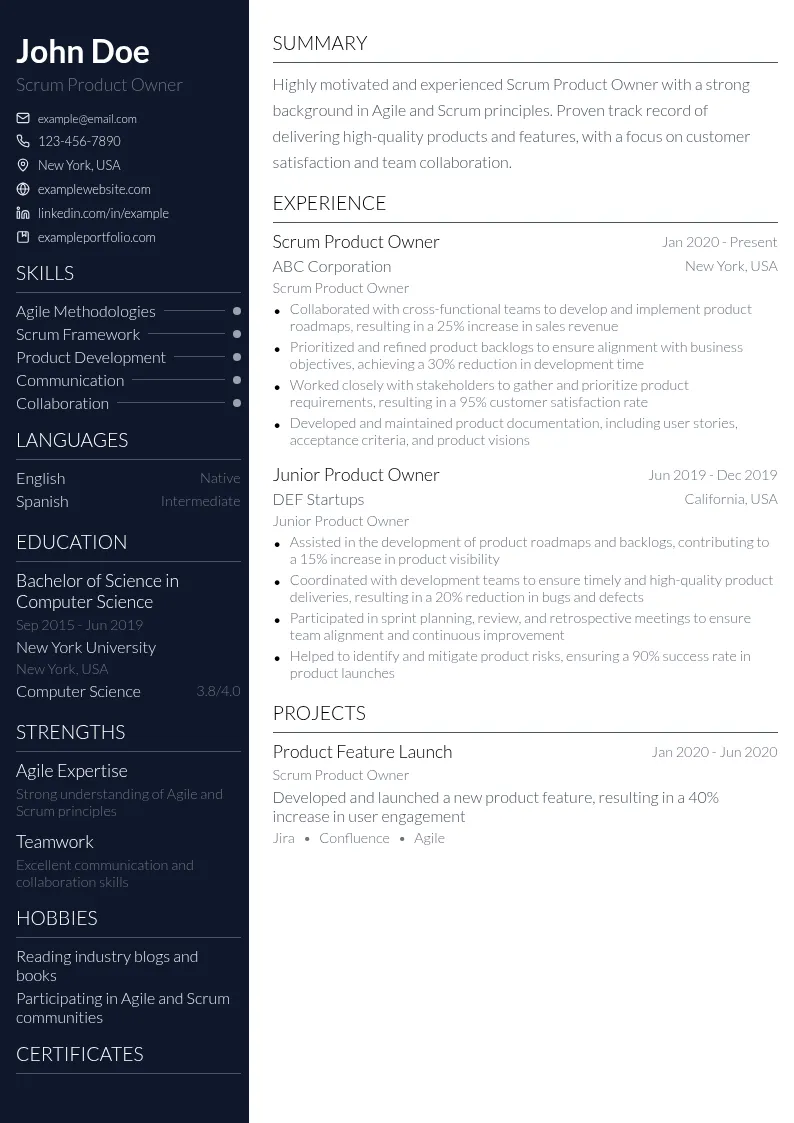 Scrum Product Owner resume example