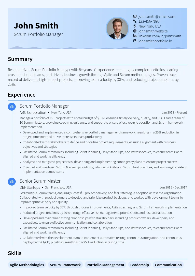 Scrum Portfolio Manager resume example