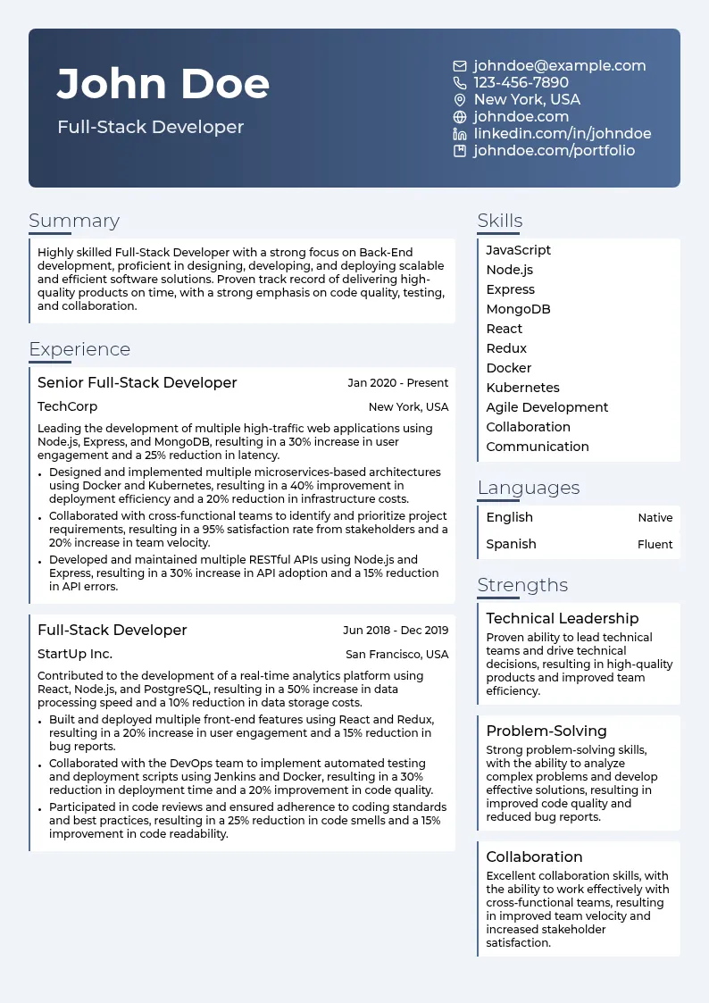 Full-Stack Developer ( Back-End Focus) resume example
