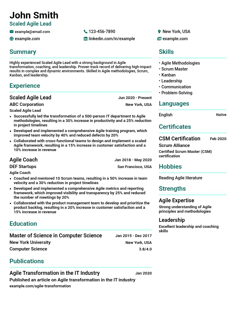 Scaled Agile Lead resume example