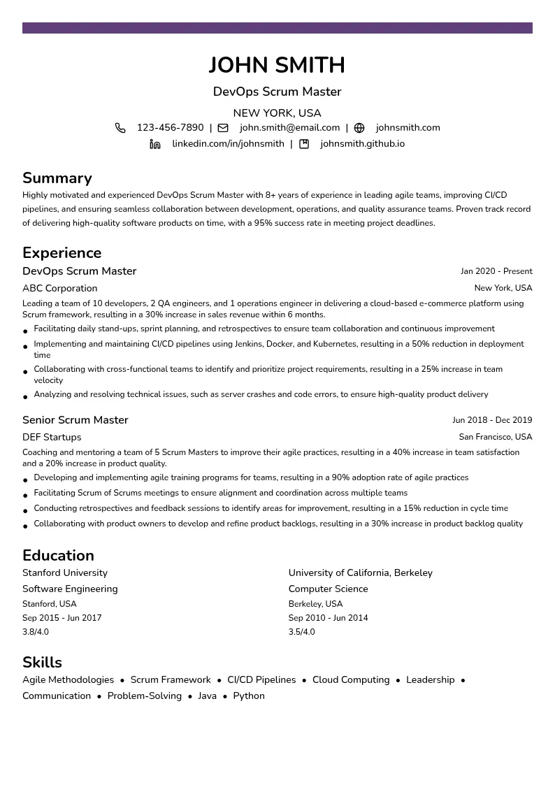 DevOps Scrum Master resume example