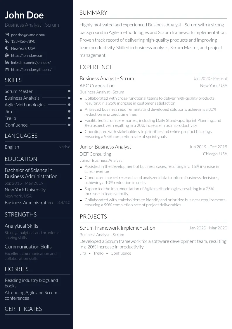 Business Analyst - Scrum resume example