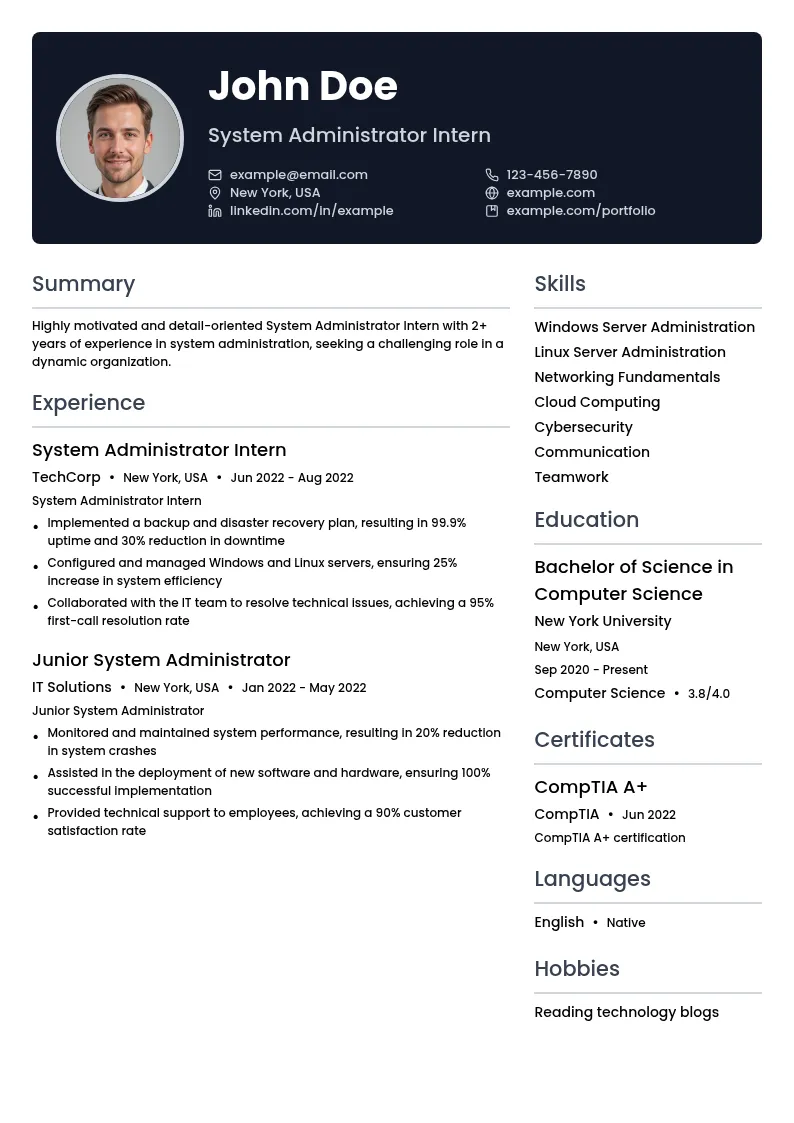System Administrator Intern resume example