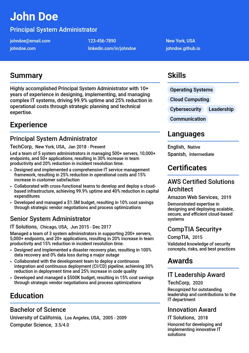 Principal System Administrator resume example
