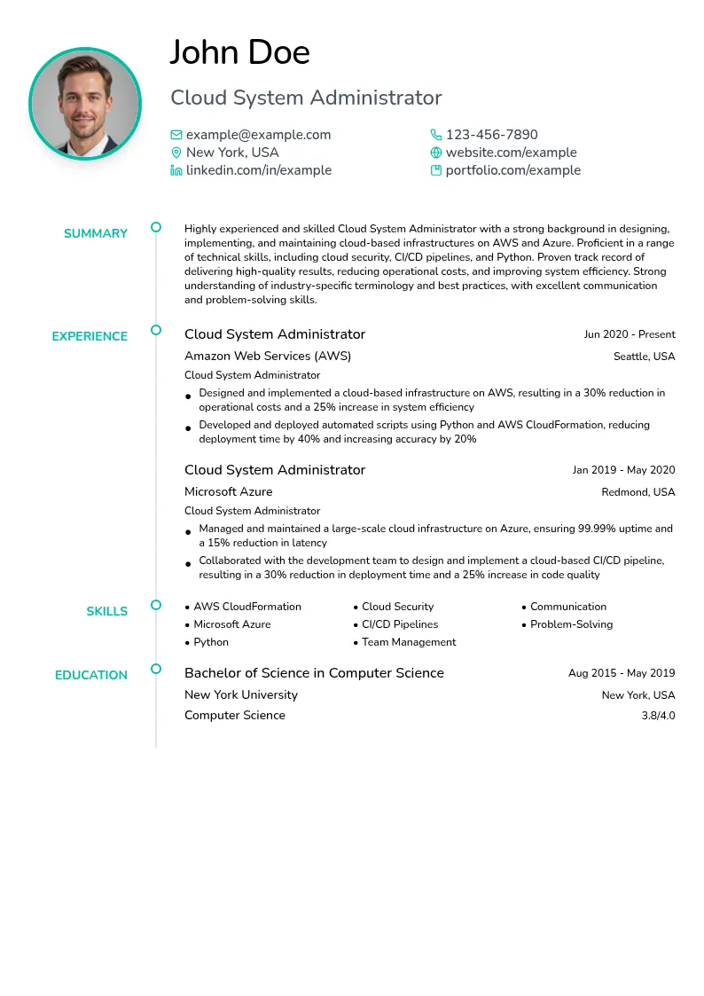 Cloud System Administrator resume example