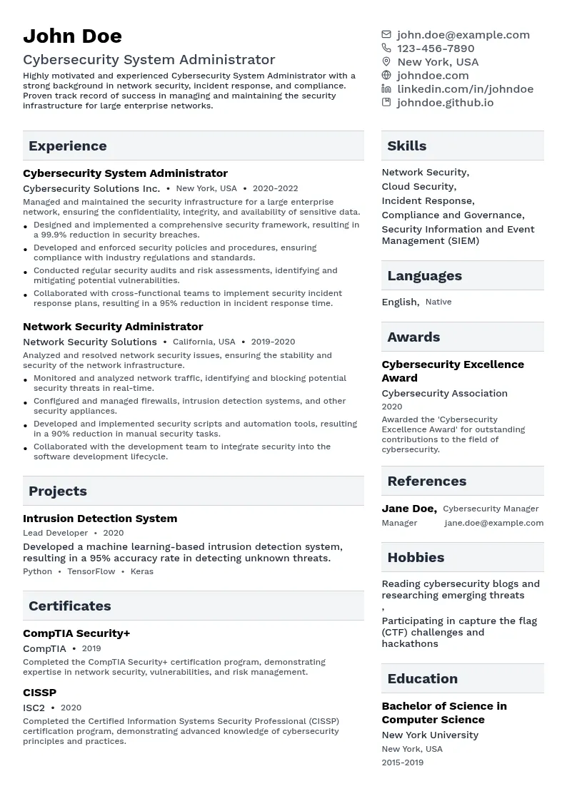 Cybersecurity System Administrator resume example