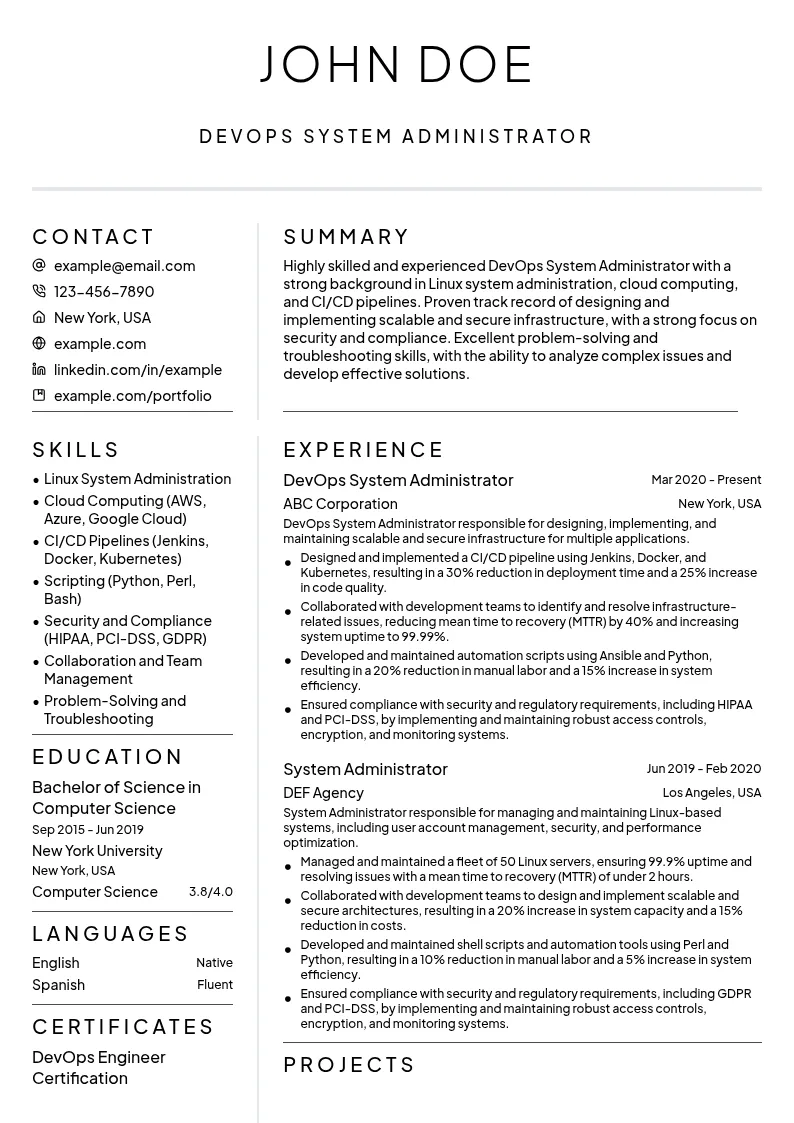 DevOps System Administrator resume example