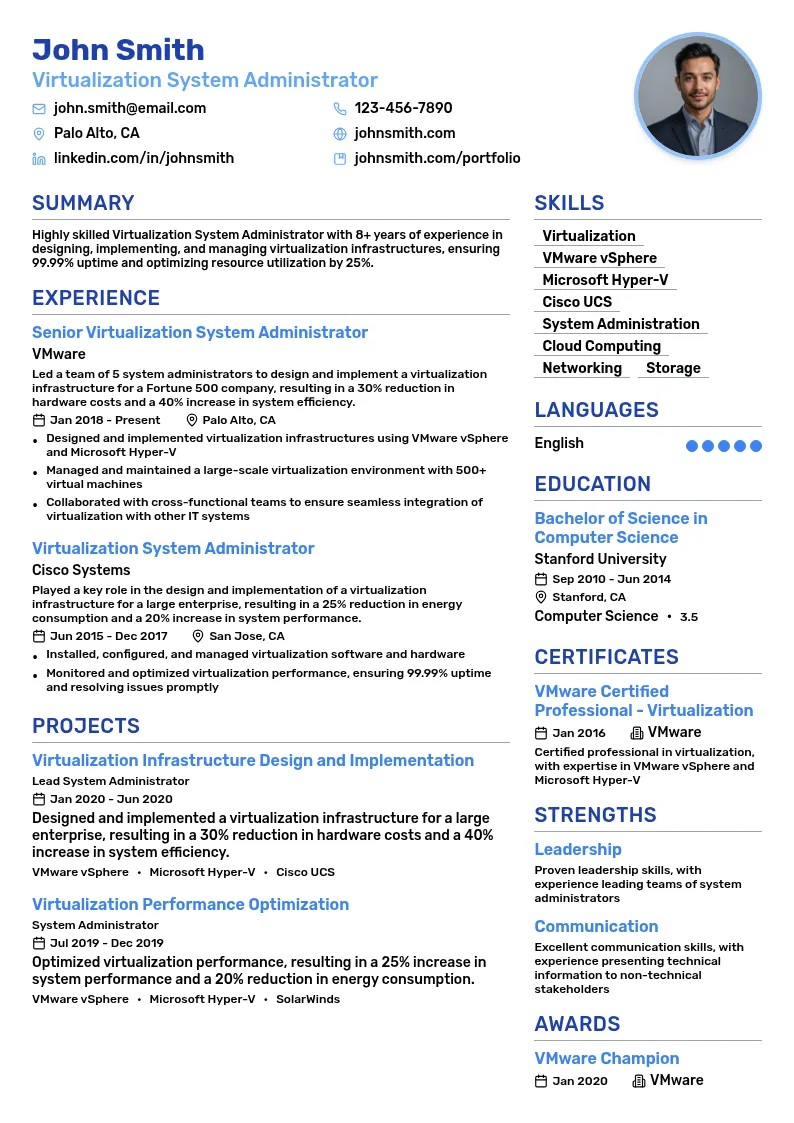 Virtualization System Administrator resume example