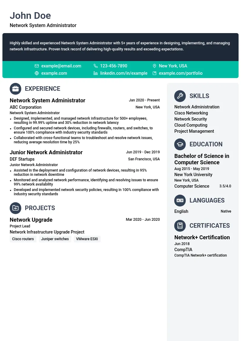 Network System Administrator resume example
