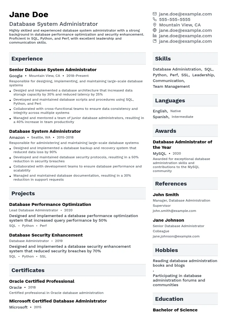 Database System Administrator resume example
