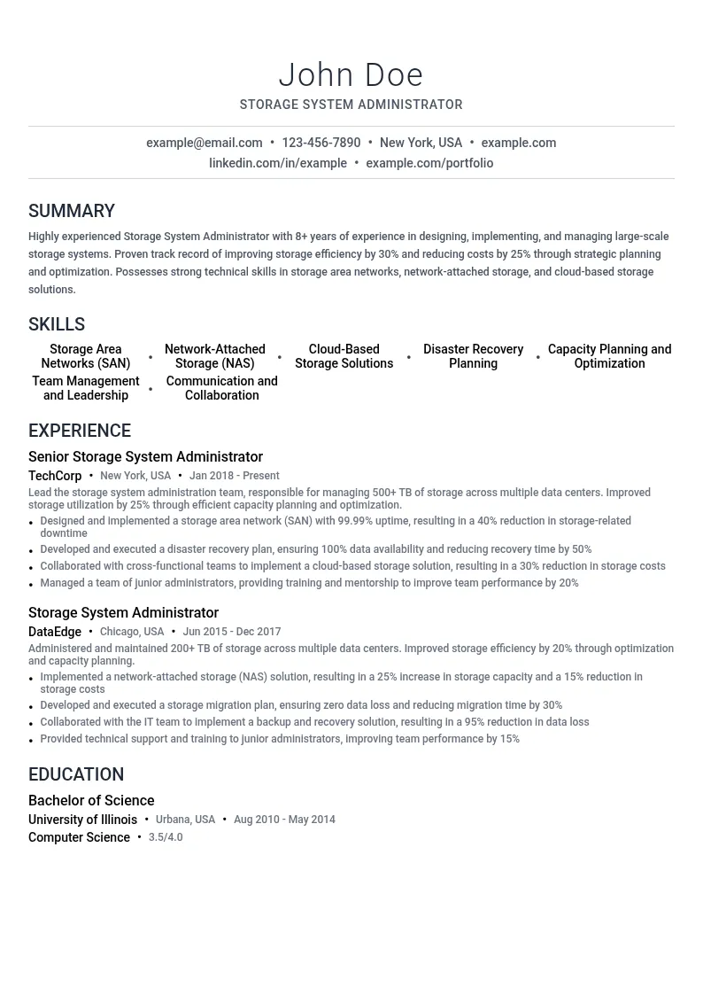 Storage System Administrator resume example